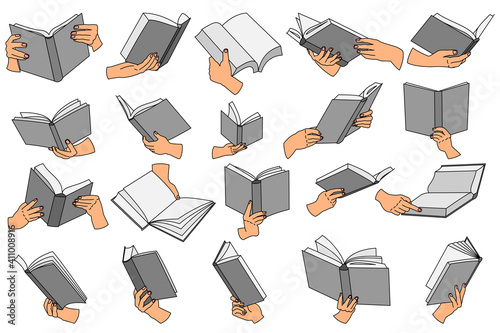 Open book in hand. Set of vector icons in a flat style isolated on white. For library design, bookstore, online learning.