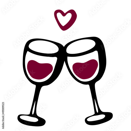 Vector doodle hand drawn sketch black and red illustration of two wine glasses couple love drink on white background. Valentines day postcard, anniversary greeting card
