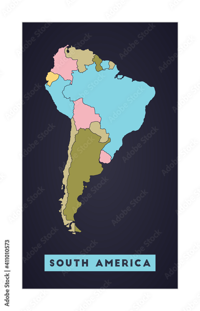 South America map. Continent poster with regions. Shape of South America with continent name. Authentic vector illustration.