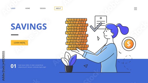 Abstract savings concept with young woman smiling and holding gold coin with a dollar sign. Outline flat cartoon vector illustration Website, webpage, landing page template or layout