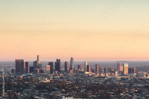 Aerial view on Los Angeles at golden hour with long exposure