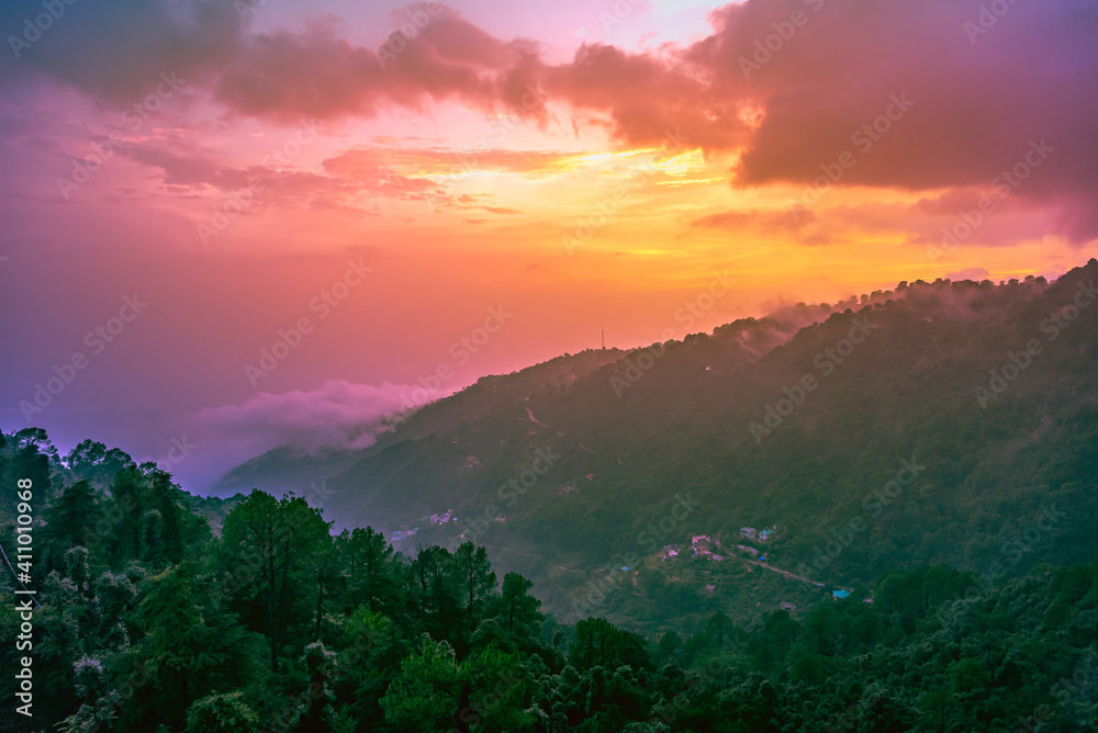 View during sunset from Temple road of Mcleodganj, Himachal Pradesh, India.