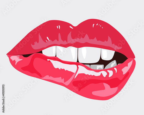 Glossy and sexy lips, lip biting, womens lips, lips with lipstick. Isolated Vector illustration.