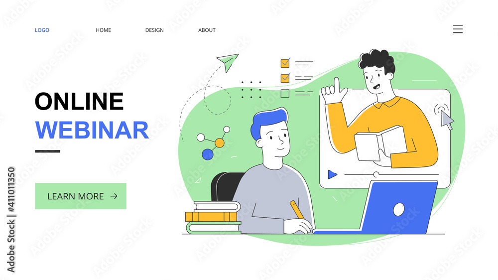 Online webinar abstract concept with a guy with a guy studying with a teacher by videoconference. Flat, outline, cartoon vector illustration. Website, webpage, landing page template