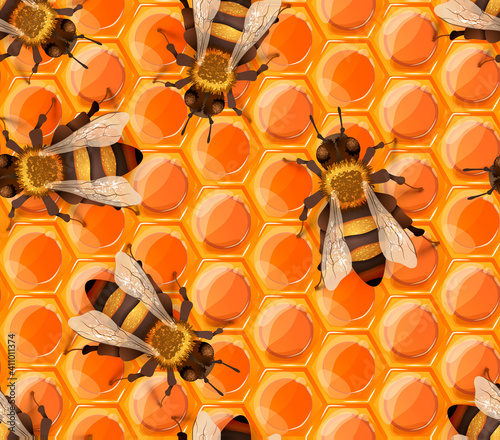 Glossy sweet honeycomb pattern with lots of realistic detailed honey bees, seamless pattern