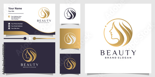 Woman logo with beauty concept and business card design Premium Vector