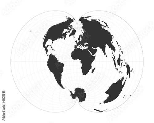 Map of the World. American polyconic projection. Globe with latitude and longitude net. World map on meridians and parallels background. Vector illustration.