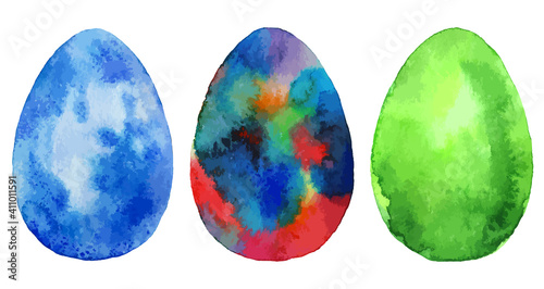 Set of colorful watercolor easter eggs on white background. Vector illustration. Spring holiday card. Perfect for greeting card, invitation, postcard, print.