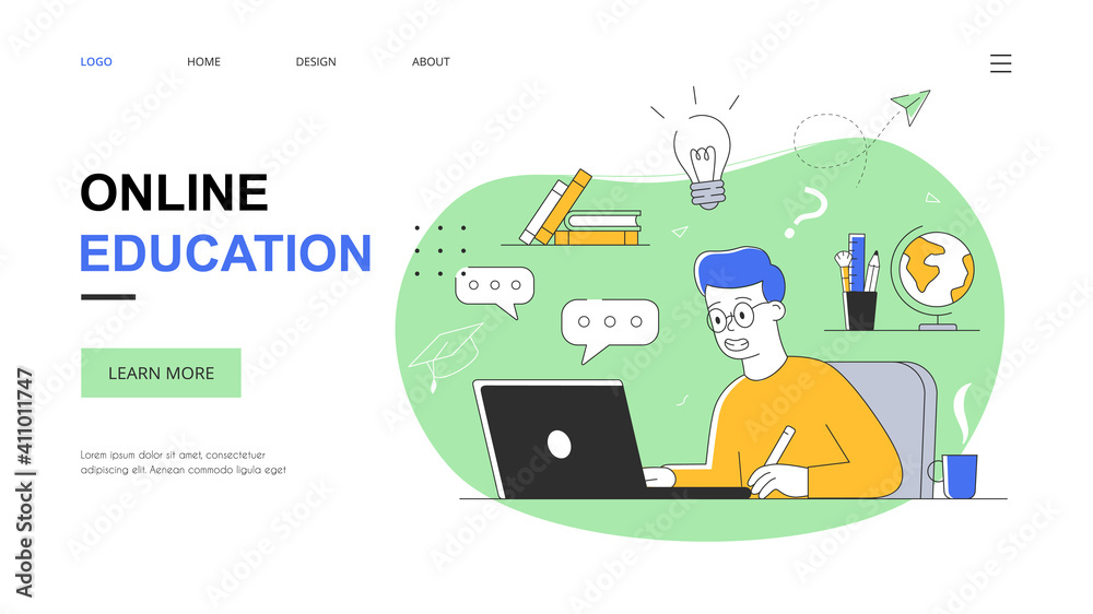 Online education concept, with a guy sitting in front of a laptop and writing an online lecture in a notebook. Flat, outline, cartoon vector illustration. Website, webpage, landing page template Online education concept, with a guy sitting in front of a laptop and writing an online lecture in a notebook. Flat, outline, cartoon vector illustration. Website, webpage, landing page template