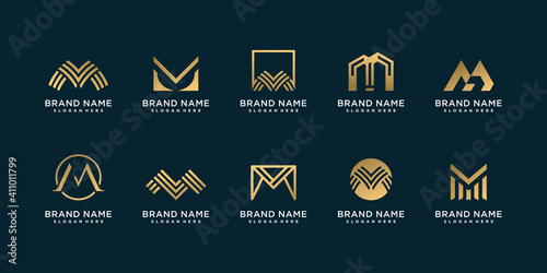 Set of letter M logo with unique and golden concept Premium Vector