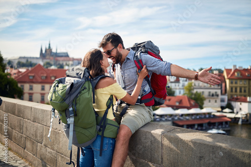 Photography Happy tourist couple sightseeing; Traveller lifestyle