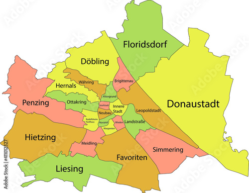 Simple vector pastel map with black borders and names of districts of Vienna, Austria