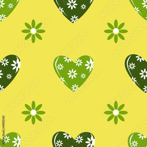 Green seamless pattern of hearts and flowers for festive romantic wrapping paper, fabric, textile, bed linen, covers. Valentine's day template. 