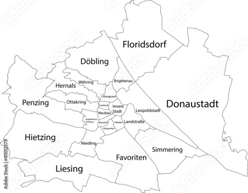 Simple vector white map with black borders and names of districts of Vienna, Austria
