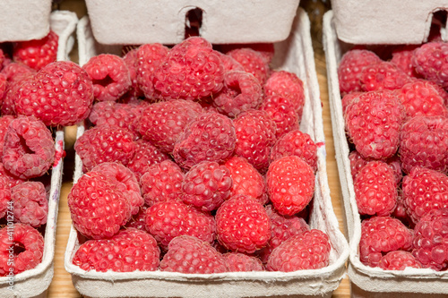 Raspberry fruit in boxes background