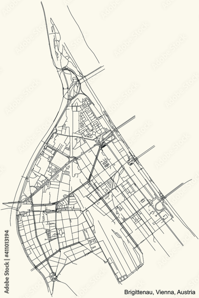 Fototapeta premium Black simple detailed street roads map on vintage beige background of the neighbourhood Brigittenau district of Vienna, Austria