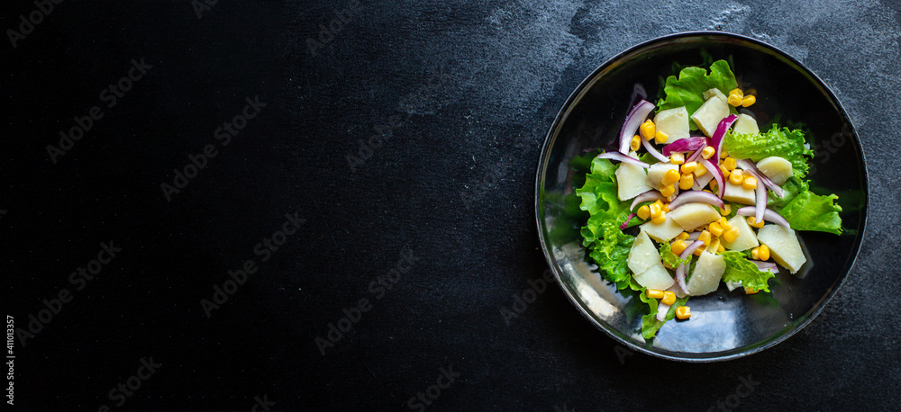 corn salad potato with vegetable lettuce on the table healthy meal snack top view copy space for text food background image rustic keto or paleo diet corn salad potato with vegetable lettuce on the table healthy meal snack top view copy space for text food background image rustic keto or paleo diet