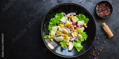 corn salad potato with vegetable lettuce on the table healthy meal snack top view copy space for text food background image rustic keto or paleo diet