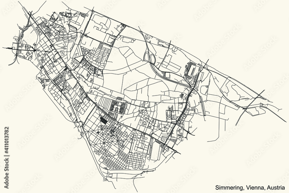 Black simple detailed street roads map on vintage beige background of the neighbourhood Simmering district of Vienna, Austria