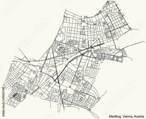 Black simple detailed street roads map on vintage beige background of the neighbourhood Meidling district of Vienna, Austria