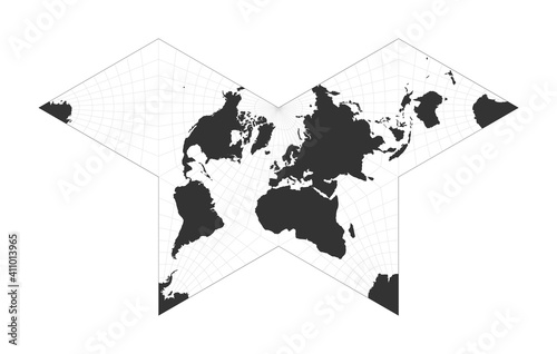 Map of the world. Gnomonic butterfly projection. Globe with latitude and longitude net. World map on meridians and parallels background. Vector illustration.