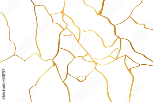 Gold kintsugi design isolated on white backdrop. Golden crackle texture background. Luxury broken marble stone pattern for wedding invitation or card template