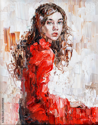 Fototapeta Naklejka Na Ścianę i Meble -  Portrait of a young beautiful girl in a red dress. Oil painting on canvas.
