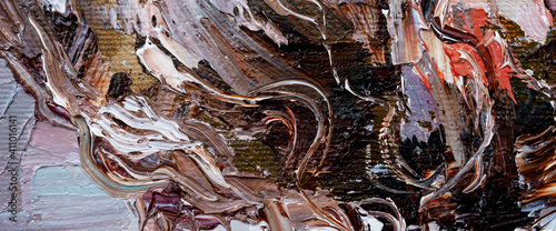 Macro. Abstract art. Expressive embossed pasty oil paints and reliefs. Colors: red; brown, white.