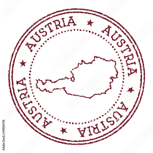 Austria round rubber stamp with country map. Vintage red passport stamp with circular text and stars, vector illustration.