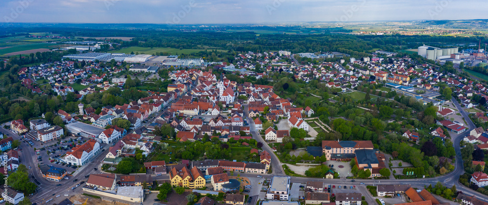 Aerial view of the old town of Rain in Bavaria on a sunny spring day	