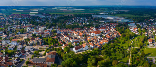 Aerial view of the old town of Rain in Bavaria on a sunny spring day 