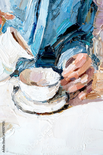 .Fragment of the picture. The girl is having breakfast in a cafe. Woman pours cream into coffee. Oil painting on canvas.