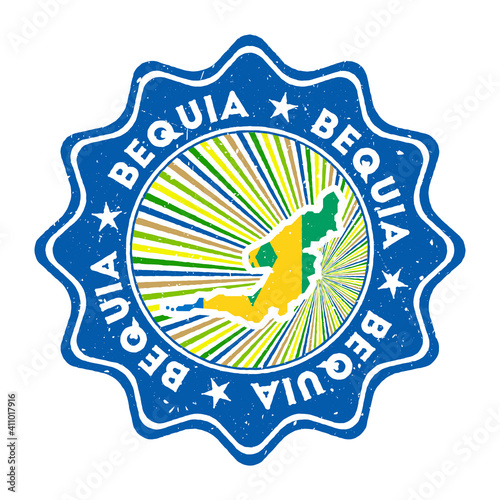 Bequia round grunge stamp with island map and country flag. Vintage badge with circular text and stars, vector illustration.