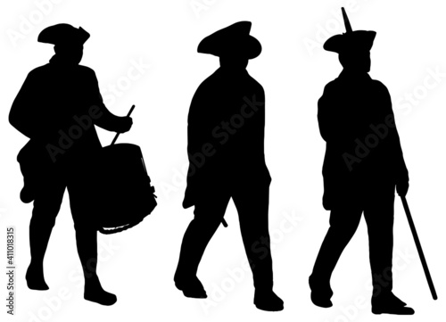 Revolutionary war soldiers marching, silhouette in black on white background 