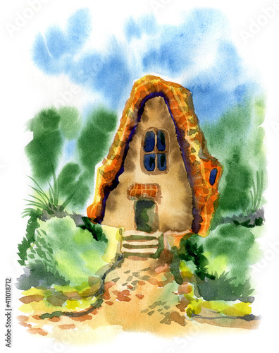 A small house of a fairy-tale character. A gnome's house and a small garden.