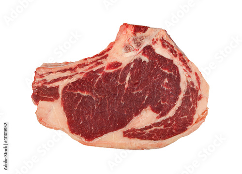 Close up raw beef ribeye steak isolated on white photo