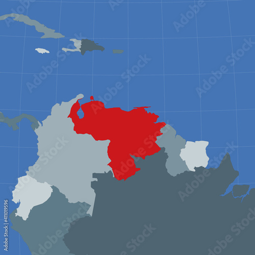 Shape of the Venezuela in context of neighbour countries. Country highlighted with red color on world map. Venezuela map template. Vector illustration.
