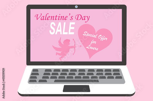 Laptop with Valentines Day holiday elements and discount offer. Screen with cupid, heart, and text. Vector illustration in flat style