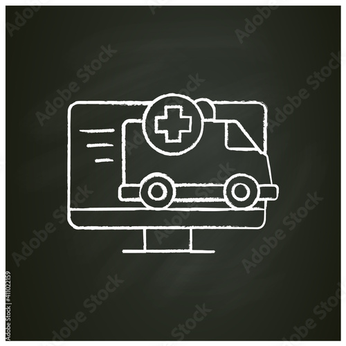 Online emergency chalk icon. Telehealth medical care. Virtual ambulance call service. Telemedicine, health care concept. Online first aid consultation. Isolated vector illustration on chalkboard 
