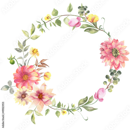 Watercolor floral frame on a whithe background.