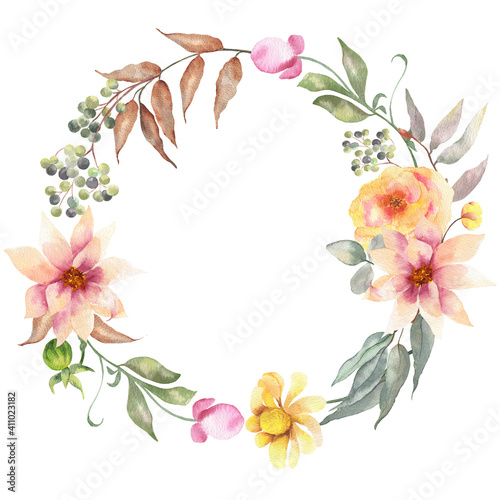 Watercolor floral frame on a whithe background.