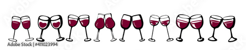 Wine glasses set - cheers couple collection of sketched doodle wineglasses and glass silhouette. Hand drawn glass with red wine inside, isolated ink vector set