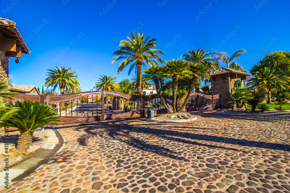Fototapeta premium Two Motorized Metal Gates With Cobblestone Drive