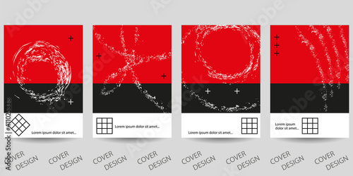 Abstract minimal geometric backgrounds set. Red, black and white geometric pattern with  brush strokes . For printing on covers, banners, sales, flyers. Modern design. Vector. EPS10