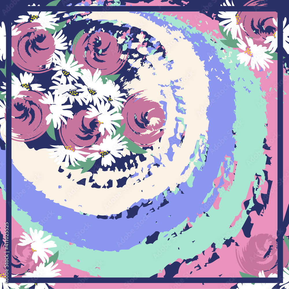 Square flower arrangement.Abstract  hand drawn colorful background with roses, daisies and brush strokes. Pattern for printing on scarves, postcards, carpets, bandanas, napkins, home textiles. Vector.