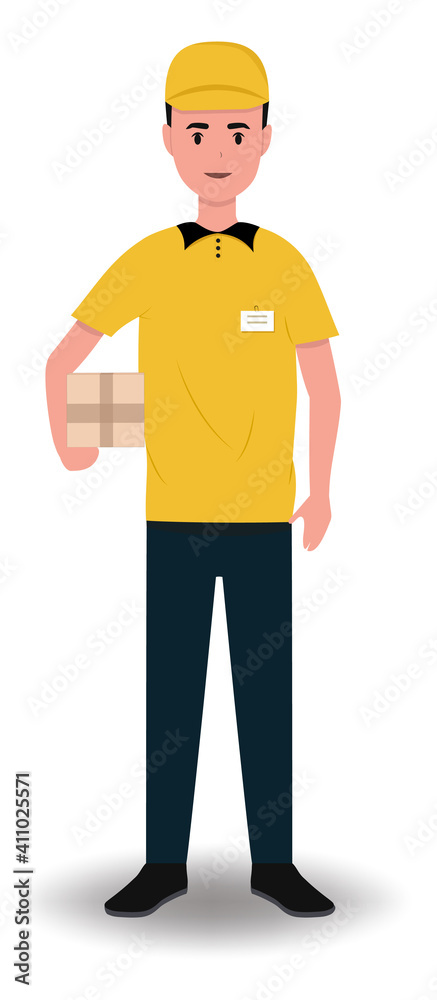 Courier delivery. The courier holds the parcel in his hand. Character on a white background. Courier uniform. Courier delivery. The courier holds the parcel in his hand. Character on a white background. Courier uniform.