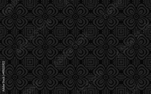 Complex volumetric convex pattern 3d with large flowers.Ethnic geometric embossed black background for wallpaper, presentations, websites.