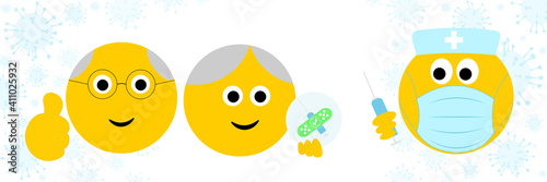 thumbs up Senior emoji getting vaccinated by medical emoji in face mask with vaccine in syringe, flu covid 19 medical vaccination concept