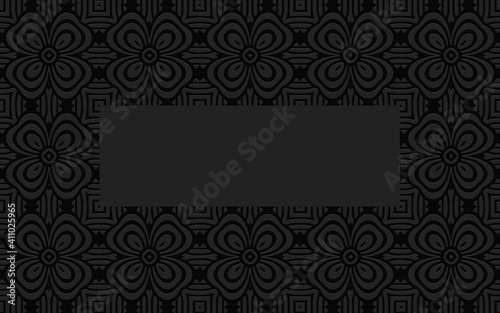 Frame from a complex volumetric convex pattern 3d with large flowers. Ethnic geometric black background with insert for text.