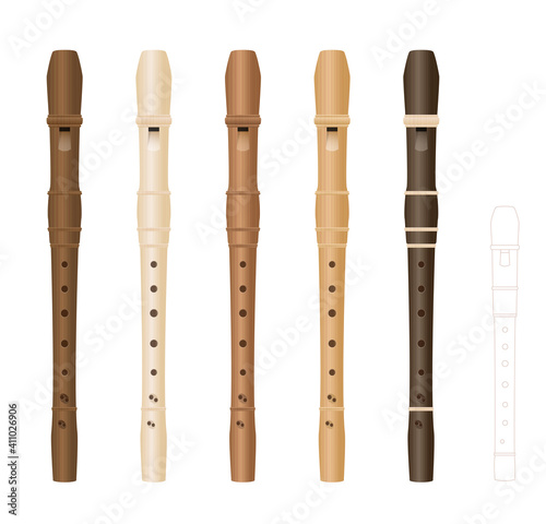 Alto recorders, different wooden textures and colors, realistic three-dimensional music instruments, with smaller soprano recorder by comparison. Isolated vector illustration on white background.
 photo